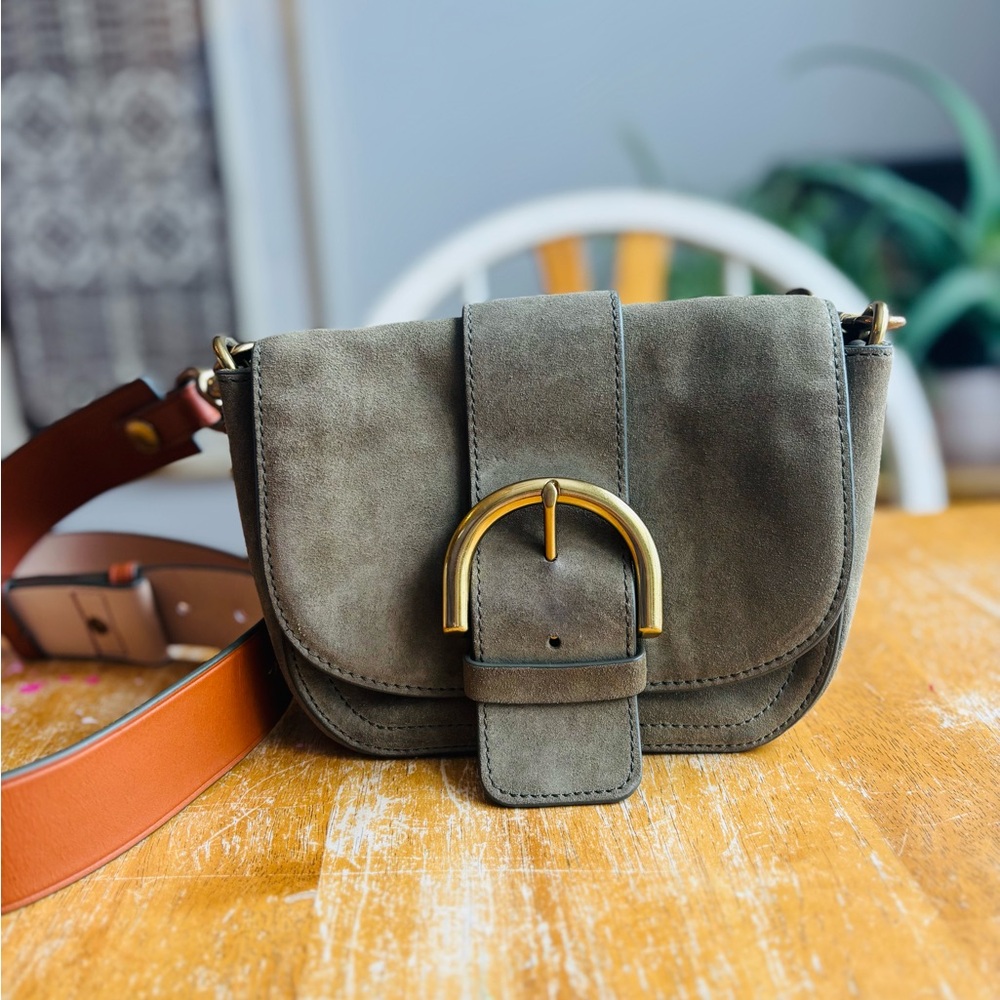 J. Crew Olive Green Suede Crossbody with Tan Strap & Gold Hardware